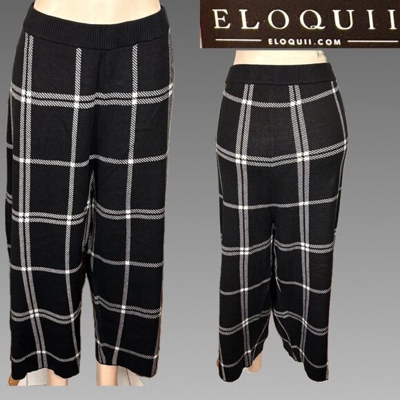 Eloquii +3X Black White Plaid Stretch Ribbed Waist Crop Wide Leg Sweater Pants - Picture 1 of 6